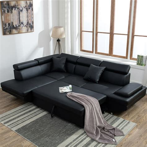 Contemporary Sectional Modern Sofa Bed Black With Functional Armrest