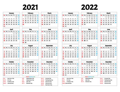 Printable 2021 And 2022 Calendar With Holidays 12 Templates