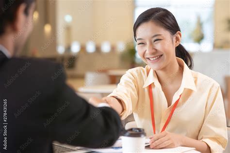 Portrait Young Asian Woman Interviewer And Interviewee Shaking Hands
