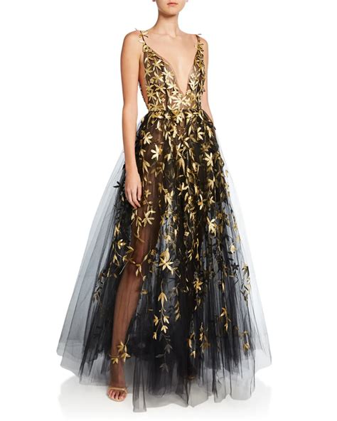 Oscar De La Renta Golden Floral Embroidered Tulle Illusion Gown