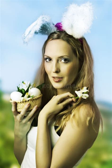 Woman Easter Bunny With Basket Of Eggs Stock Image Image Of Eggs