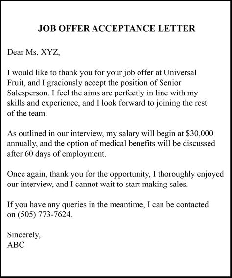 How to write job offer acceptance letter. Email to accept job offer example