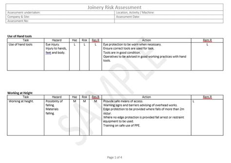 Joinery Risk Assessment Template Lht Health And Safety