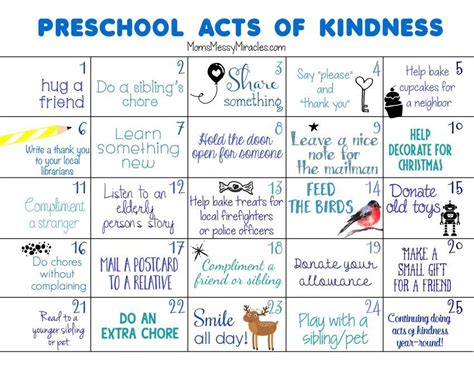 A Calendar With The Words Preschool Acts Of Kindness Written On It