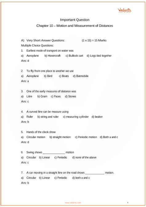 Important Questions For Cbse Class 6 Science Chapter 10 Motion And