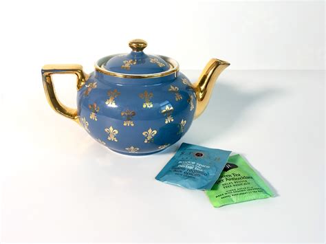 Vintage Hall Teapot 6 Cup Boston Blue W Gold Fleur De Lis Retro Teapot