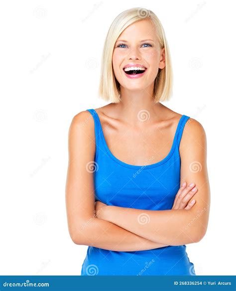 Portrait Laugh And Happy Woman In Studio Normal And Relax On Mockup