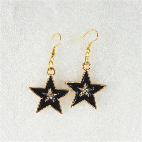 Handmade Black Enamel Plated Golden Metal Star Charm Dangle Earrings