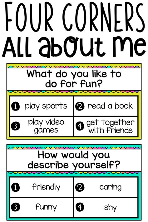 Four corners using jamboard this game was suggested by caitlyn hanley. Four Corners All About Me | First day of school activities ...