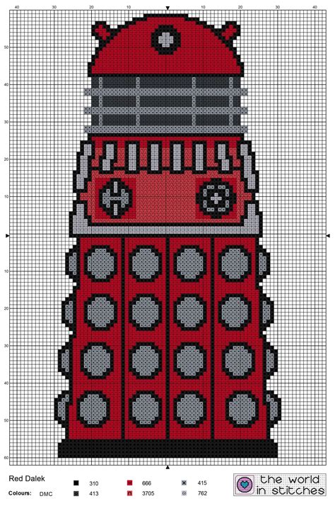Red Dalek Cross Stitch Chart 61 X 119 Stitches Diy Embroidery Needle