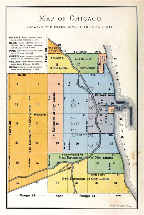 1884 Map Of Chicago Showing The First Four Extensions Of The City