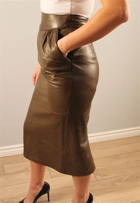 Vintage Leather Skirt Khaki Green Pencil Skirt By Dameetdemoiselle