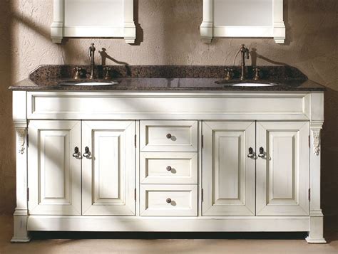 Antique style double sink vanity with light brown color stone countertop, oval bone color porcelain sinks, and walnut color wooden cabinet with one drawer and two double doors including an internal wooden shelf. 72 Inch Double Sink Vanity With Tops - Interior Design ...