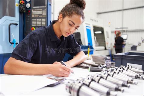 Engineer Planning Project With Cnc Machinery In Background Stock Image
