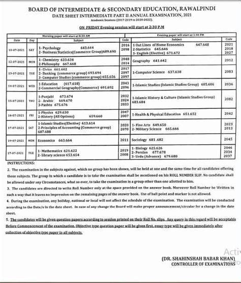 Bise Rawalpindi Board Inter Part Ii 12th Class Date Sheet 2021