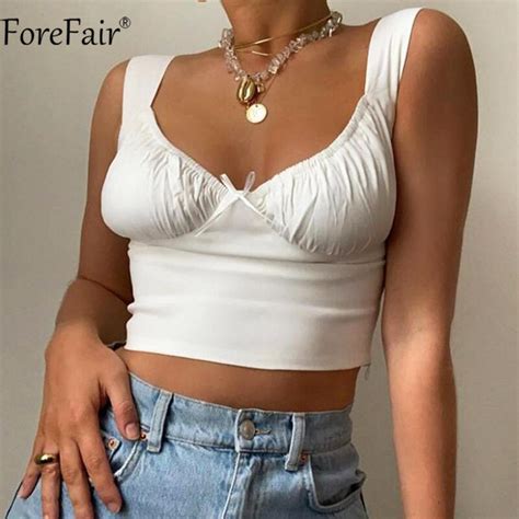 Forefair V Neck Ruched Sexy Crop Tops 2021 Summer Sleeveless Off