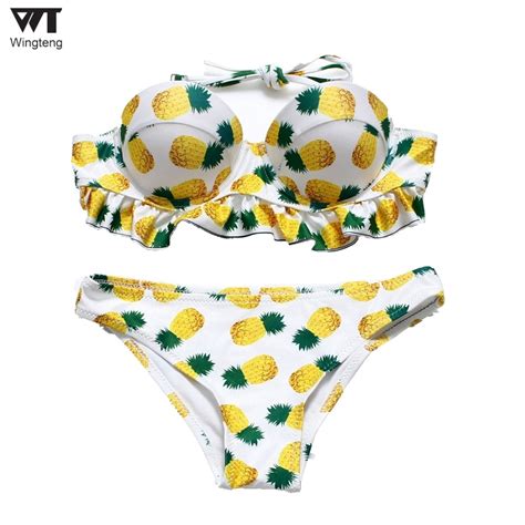 Sexy Brazilian Bikinis 2017 Mujer Pineapple Bikini Push Up Swimwear Female Ruffle Thong Bikini