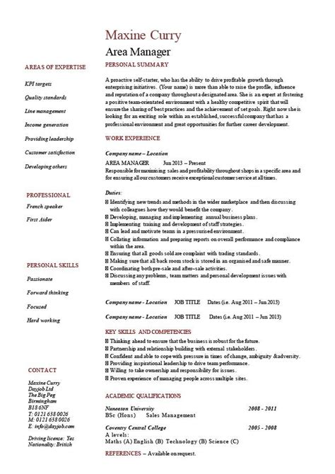 Label your cv files with your name, the application date, and the job you're. area manager resume example, template, job description, CV ...