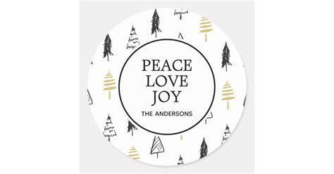 Modern Black And Gold Peace Love Joy Christmas Tree Classic Round Sticker