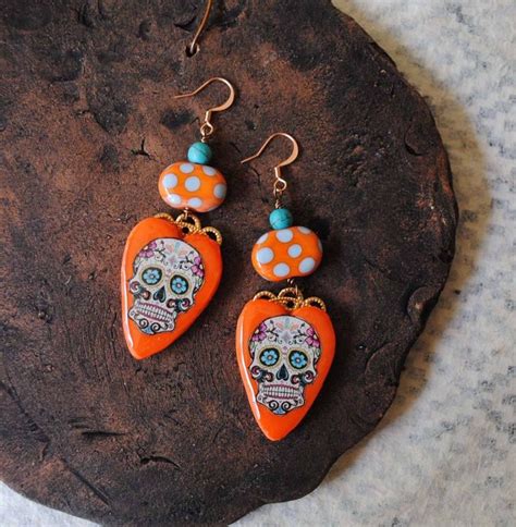 Halloween Earrings Orange Sugar Skulls Polymer Clay Etsy In 2021