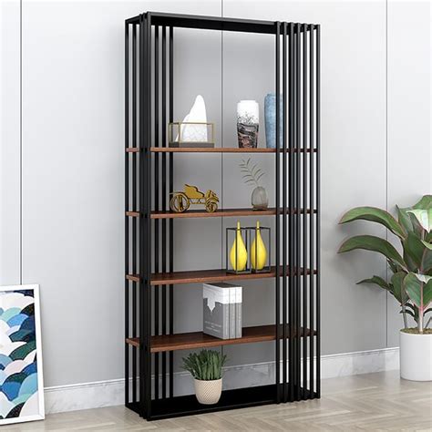 Modern Metal Etagere Bookshelf Freestanding With 5 Shelving Black
