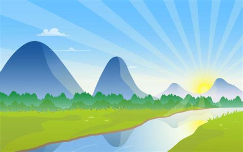 Mountains View With River And Sunrise On Horizon 830992 Vector Art At
