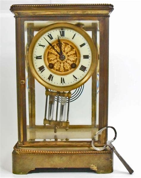 Antique French Beveled Glass And Brass Mantle Clock W Mercury Pendulum