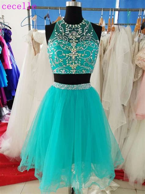 Turquoise Short Two Pieces Cocktail Dresses Sparkly Beaded