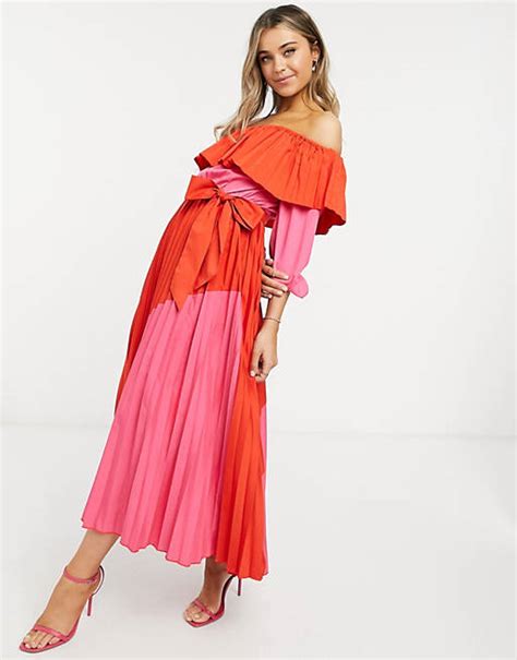Never Fully Dressed Pleated Off Shoulder Contrast Dress In Pink And Red