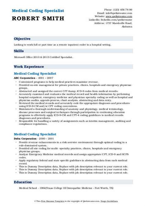 Use this emergency management resume template to highlight your key skills, accomplishments, and work experiences. Medical Coding Specialist Resume Samples | QwikResume