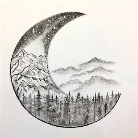 Drawing Moon Mountains Trees And Galaxy Moon Drawing Art