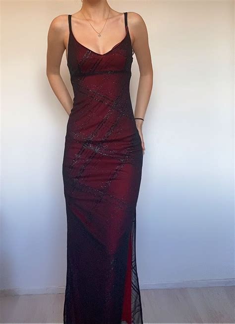 90s Red Mesh Overlay Dress Glitter Prom Dresses Vintage 90s Prom
