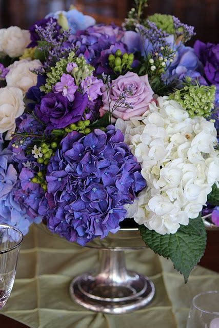 Liberty, magnificence, good perspective, joyfulness, faithfulness (when given by a man to a woman). Hydrangeas & roses - purple & white- good for buffet or ...