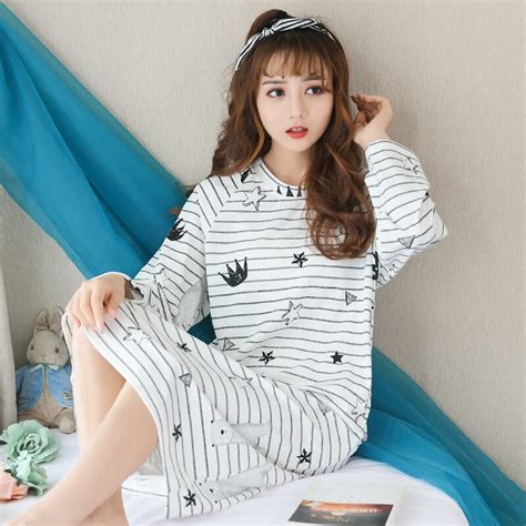 New Arrival Autumn And Winter Womens 100 Cotton Sleepwear Nightdress Comfortable Sexy Striped