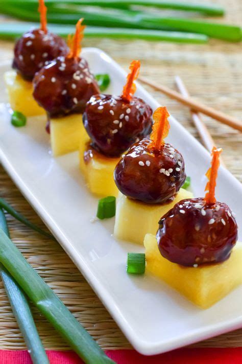 Luau Appetizer  Teriyaki Meatballs.  Serve skewered with pineapple. It’s like a Hawaiian party