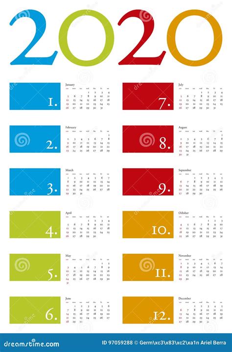Colorful Calendar For Year 2020 In Vector Format Stock Vector