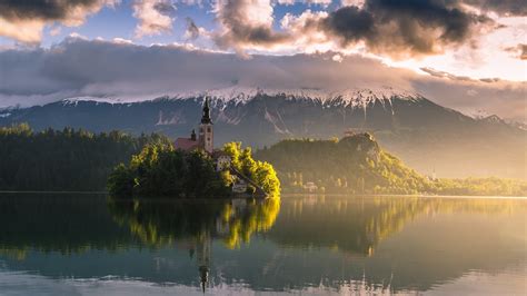 壁紙 スロベニア、ブレッド湖、朝、山、アルプス、空、雲 1920x1080 Full Hd 2k 無料のデスクトップの背景 画像