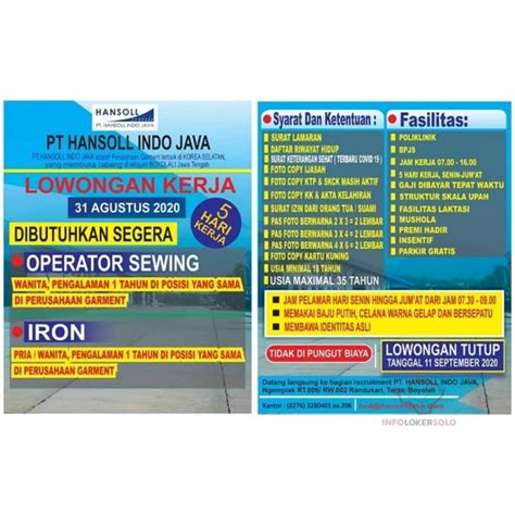 Lowongan kerja kepala pabrik garmen di magetan 2016. Lowongan Kerja PT Hansoll Indo Java di Solo - INFO LOKER SOLO