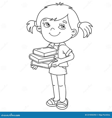 Coloring Page Outline Of Cartoon Girl With Books Or Textbooks Little