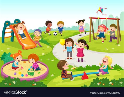 Vector Illustration Of Happy Children Playing In Playground Download A