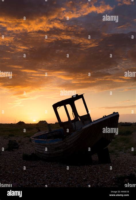 Abandoned Fishing Boat At Sunset Dungeness Kent Stock Photo Alamy