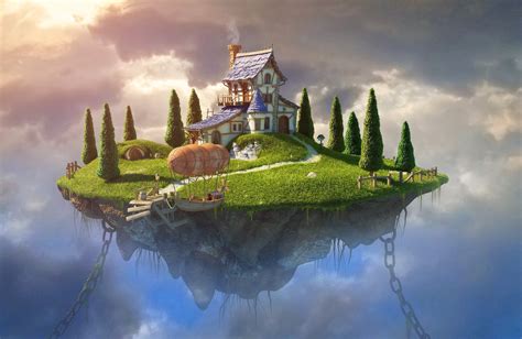 Fantasy Art Digital Art House Trees Chains Zeppelin Rock Clouds