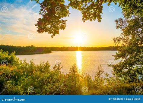Panorama Of A Gorgeous Sunset At A Forest Lake Stock Image Image Of