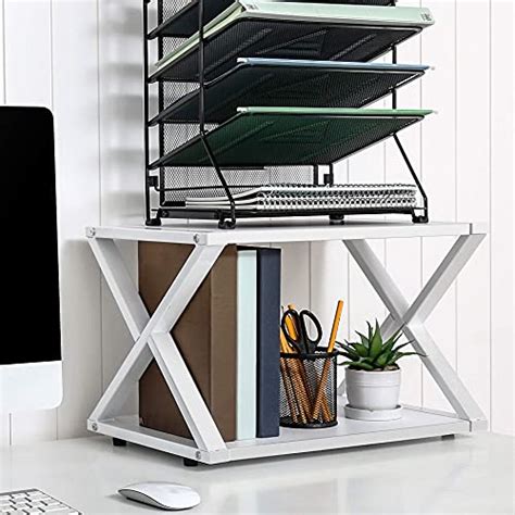 Fitueyes Desktop Printer Stand White Double Tiers Wooden Desk