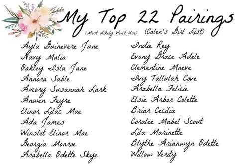 Calens Top 22 Pairings Girls Charmingbabynames Name Inspiration
