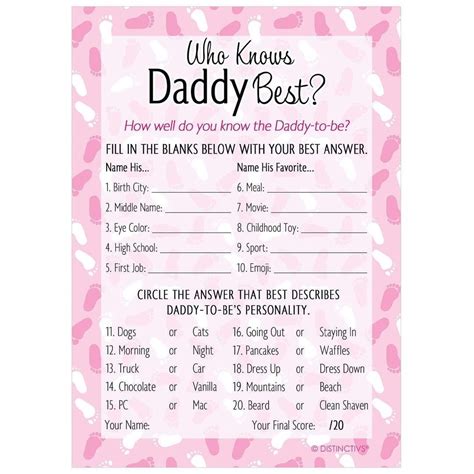 Who Knows Daddy Best Baby Shower Game 20 Cards Its A Girl Baby