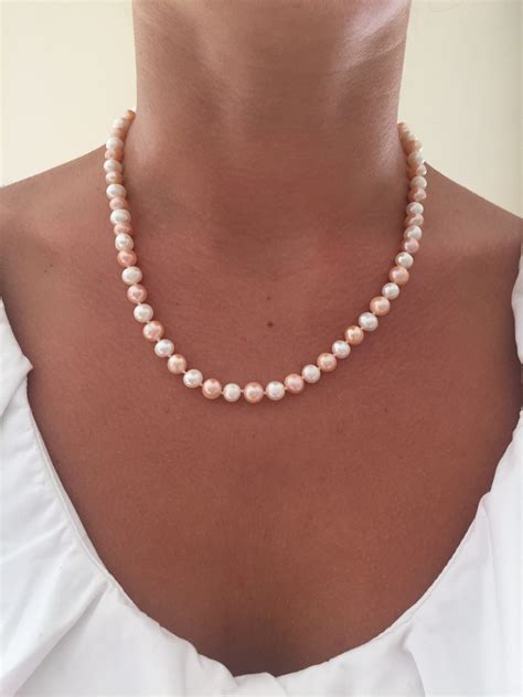 White And Peach Pearl Necklace Rocco Single Strand Freshwater Pearl