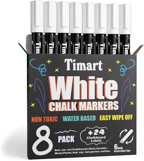 Timart 8 Pack White Chalk Markers 6mm White Dry Erase