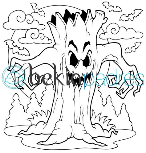 Terrorífico árbol de Halloween: dibujo para colorear
