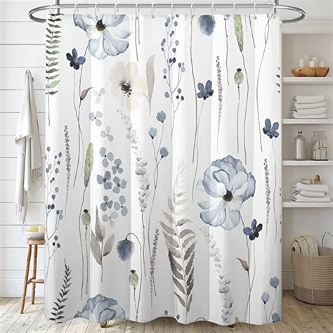 Decoreagy Floral Shower Curtain Setblue Beige Poppy Flowers Shower